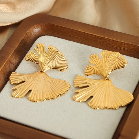 Orecchini A Foglia Di Ginkgo Acciaio Al Titanio Placcato Oro Texture Irregolare Gioielli Di Moda Retrò Per Donne