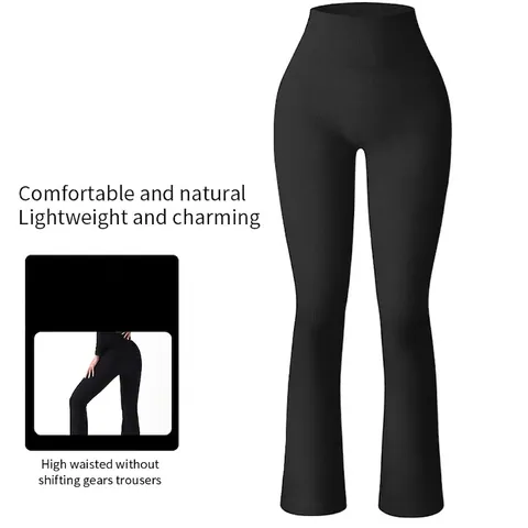 Women Ribbed High Waist Flare Yoga Pants Seamless Wide Leg Moisture Wicking Fitness Sports Trousers