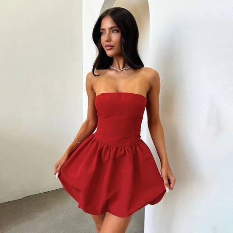 Vestito Mini Senza Spalline Schiena Scoperta Poliestere Elastan Vita Alta Sexy Orlo A Bolle Festa Colore Solido Donne