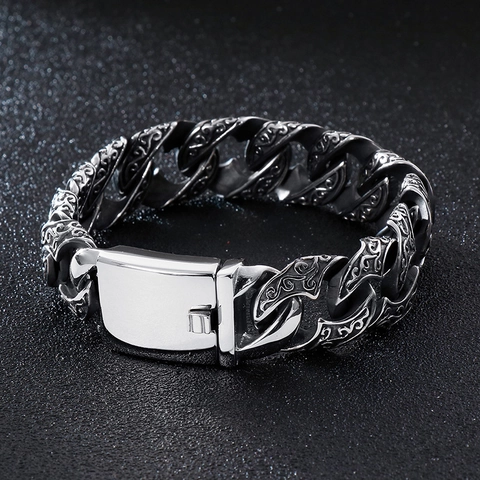 Pulsera De Cadena Cubana Para Hombre De Acero Inoxidable Con Patrón Grabado Vintage Joyería Punk