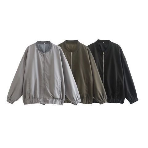 Chaqueta Bomber Holgada para Mujer Casual con Cremallera Abrigo Resistente al Viento Otoño Invierno Color Sólido Streetwear