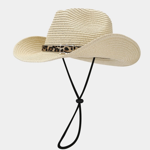 Women Straw Cowboy Hat Summer Beach Sun Hat With Leopard Print Band Metal Buckle And Adjustable Windproof Rope Western Style