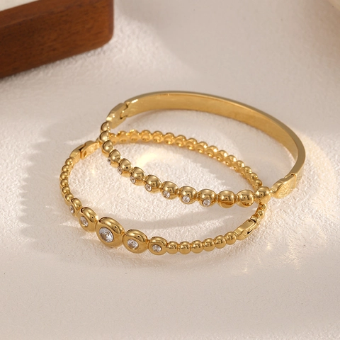 Bracciale Rigido In Acciaio Inossidabile Placcato Oro Con Zircone Texture A Sfere Moda Gioielli Lusso Donna