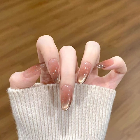Faux Ongles Press On Long Ovale Dégradé Ambre Caramel Oeil De Chat Scintillant Réutilisable Élégant Femmes