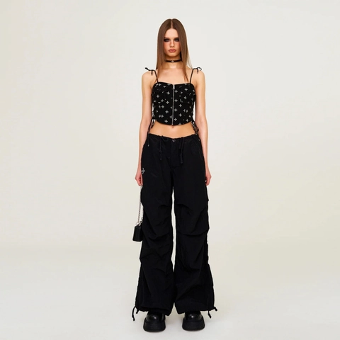 Damen Baumwolle Tank Top Reißverschluss Vorne Kreuz Stickerei Tunnelzug Kurzes Gothic Streetwear Unterhemd
