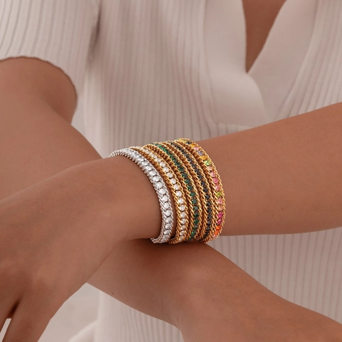 Bracciale Da Donna In Acciaio Inossidabile Più File Cuban Link Minimalista Lusso Zircone Incastonato Catena Regolabile Placcato Oro
