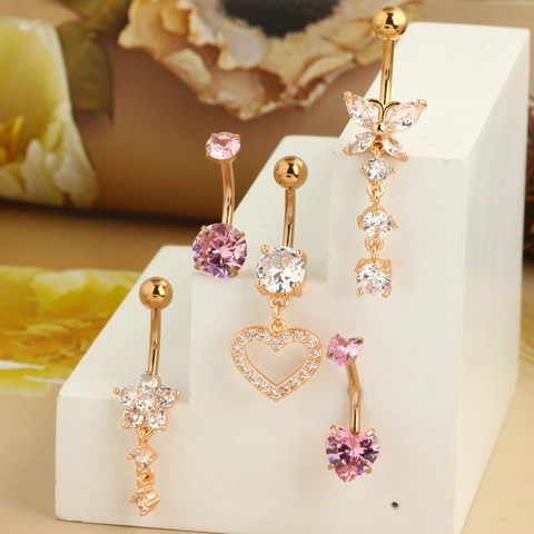 Rose Gold Stainless Steel Rhinestone Belly Button Ring Heart Butterfly Flower Body Piercing Jewelry For Women