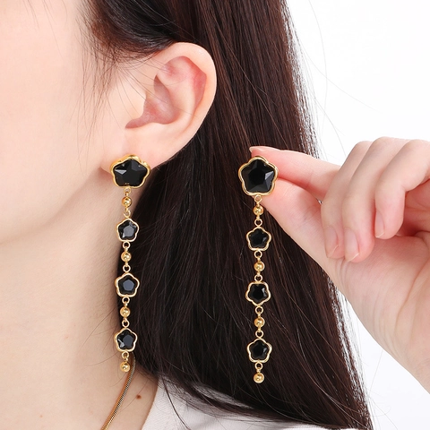 Stainless Steel Necklace Bracelet And Earrings Black Clover Flower Tassel Elegant Trendy Jewelry For Women