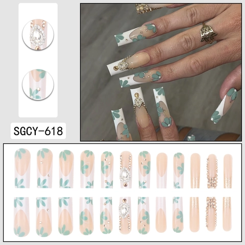 Uñas Postizas Press On Largas Forma Ataúd Estilo Francés Patrón Floral Con Diamantes De Imitación Y Perlas Artificiales Brillo