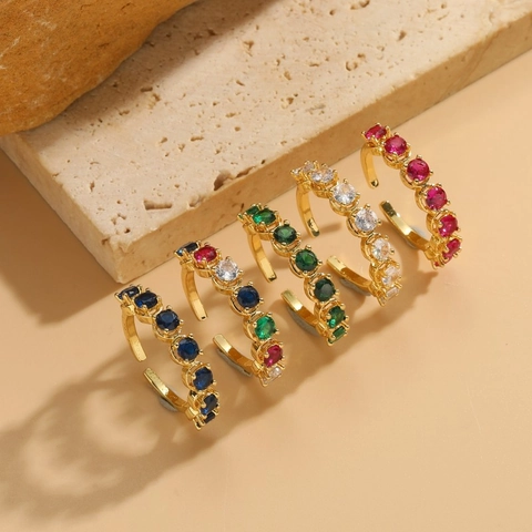 Copper Zircon Adjustable Open Rings Round Cut Stones Gold Plated Fashion Minimalist Jewelry Accessories Women