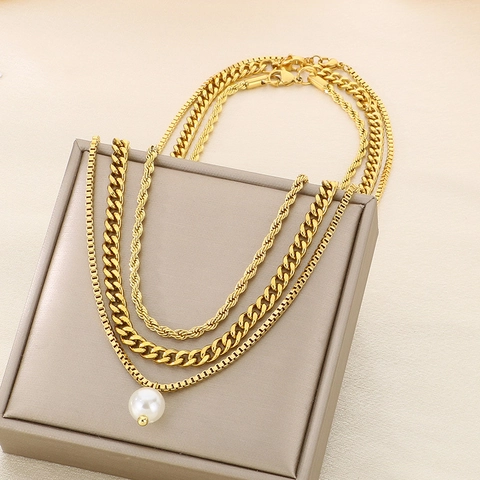 Collar De Capas Acero Inoxidable Joyería Multicapa Colgante De Perla Artificial Gargantilla Elegante Para Mujer Accesorio Estético Minimalista