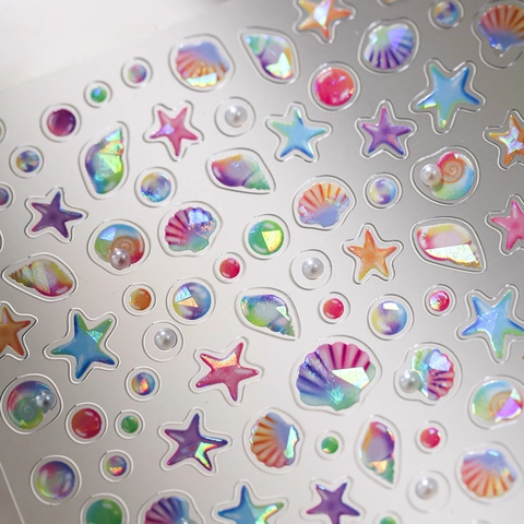 Adesivi Per Unghie In Rilievo Tema Oceano Olografico Iridescente Conchiglia Stella Marina Perla Artificiale Autoadesivo PET Manicure