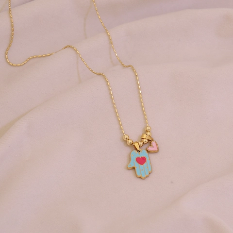 Hamsa Hand Anhänger Halskette Edelstahl Kupfer Emaille Böser Blick Herz Detail Türkischer Stil Schutz Gold Vergoldet Für Damen