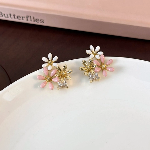Enamel Flower Stud Earrings Copper Gold Plated With Square Zircon Sweet Elegant Forest Style For Women