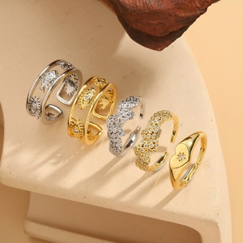 Lichte Luxe Boze Oog Hart Koperen Ringen Voor Dames Gegalvaniseerd Zirconia Verstelbare Geometrische Open Ring Sieraden