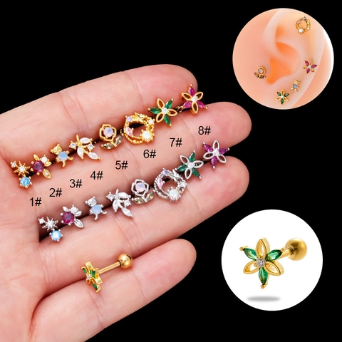 Roestvrijstalen Oorkraakbeen Stud Piercing Sieraden Kleurrijke Zirkonia Bloem Hart Beer Ster Schroefbal Achterkant Vrouwen