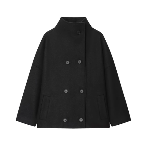 Women Short Coat Double Breasted Wool Like Jacket Stand Collar Solid Color Elegant Long Sleeve Chic Casual Outerwear