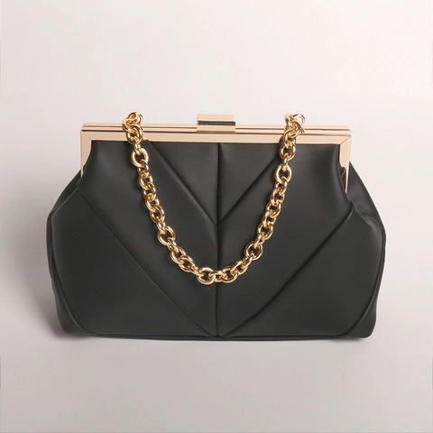 Elegante V Gesteppte PU Leder Abendtasche Mit Goldenem Metallrahmen Und Grober Kette Für Damen Dinnerparty