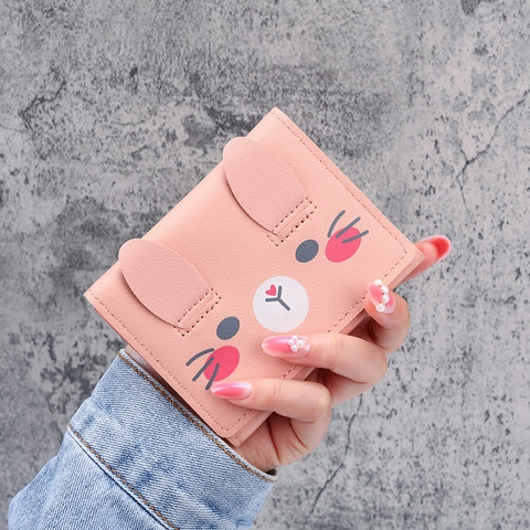 Women Cute Cartoon Animal Rabbit Ear Short Wallet PU Leather Foldable Card Holder Purse With Snap Button For Girls