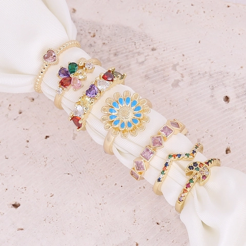 Verstellbarer Offener Ring Kupfer Zirkonia Bunt Herz Mond Gänseblümchen Emaille Zierlicher Modeschmuck Für Damen