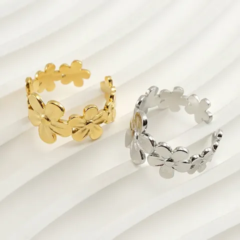 Anillo Flor Margarita Acero Inoxidable Chapado En Oro 18K Ajustable Abierto Hueco Joyería Floral Mujeres