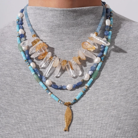 Bohemian Natural Stone Crystal Beaded Necklace For Women Stainless Steel Fish Pendant Artificial Pearl Jewelry Necklace