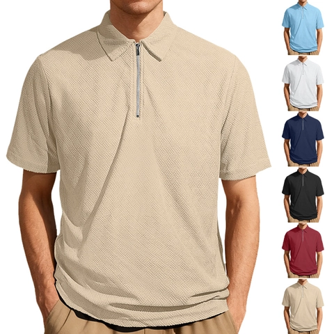 Polo De Hombre Media Cremallera Manga Corta Textura Gofre Casual Slim Fit Camiseta Poliéster