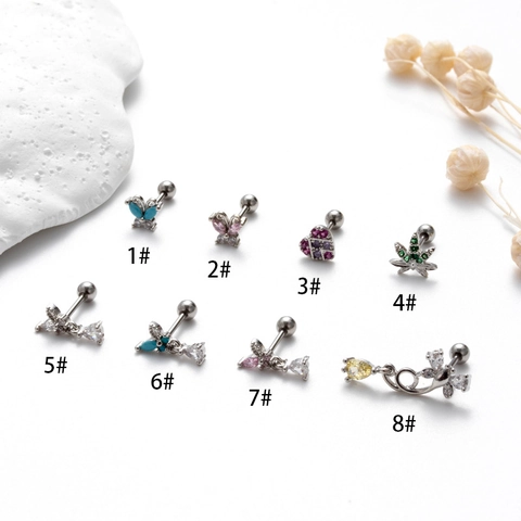 Cartilage Stud Earrings Stainless Steel Earring Post Copper Zircon Butterfly Heart Leaf Helix Piercing Jewelry For Women