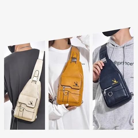 Men Retro Chest Bag Waterproof PU Leather Crossbody Sling Shoulder Bag Daily Travel Casual Vintage Style Large Capacity