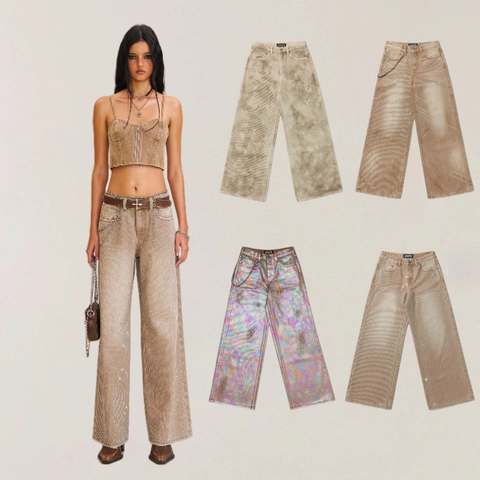 Damen Weites Bein Jeans Denim Strass Holografisch Vintage Waschung Lockere Hose Retro Streetwear Mode