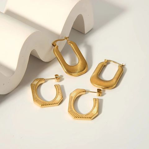 Geometrische Quadratische Creolen 18K Vergoldet Edelstahl Gestreift Textur Ohrschmuck Für Damen