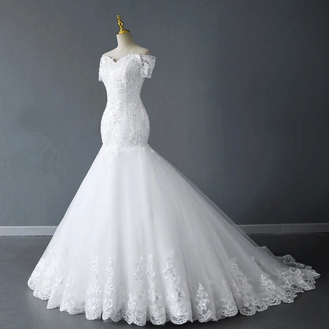 Elegante Zeemeermin Trouwjurk Off The Shoulder Kant Pailletten Wit Tule Bruidsjurk Met Lange Sleep Voor Bruid
