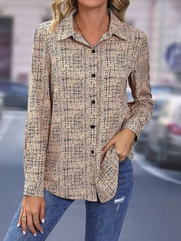 Dames Blouse Lange Mouwen Polyester Revers Kraag Knoopsluiting Bloemenprint Casual Khaki Beige Shirt