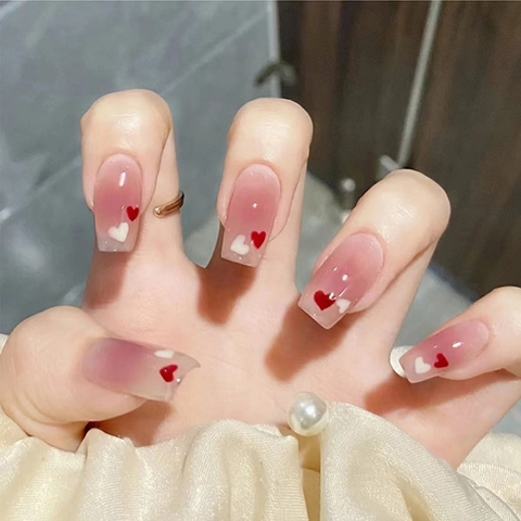 Unghie Finte A Pressione Sfumate Rosa Motivi A Cuore Quadrate Corte Unghie Artificiali Rimovibili Per Donne Stile Dolce Romantico