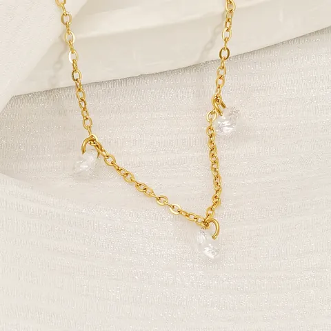 18K Gold Plated Stainless Steel Necklace With Clear Round Zircons Dainty Minimalist Jewelry For Women