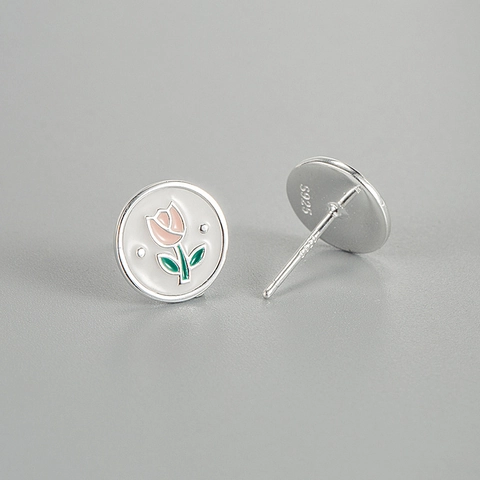 Orecchini a Bottone in Argento Sterling S925 Tulipano Fiore Vintage Stile Francese Smalto Goccia d'Olio Gioielli per Donna Eleganti Orecchini Floreali