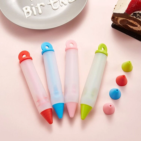 Silicone Plastic Cake Piping Pen With Interchangeable Nozzles For DIY Baking Chocolate Cream Writing Cookie Decorating