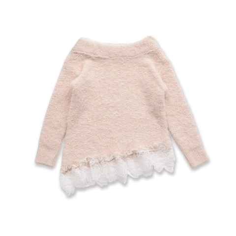Maglione Donna Maglia Bordo Pizzo Asimmetrico Manica Lunga Patchwork Stile Mohair Morbido Elegante