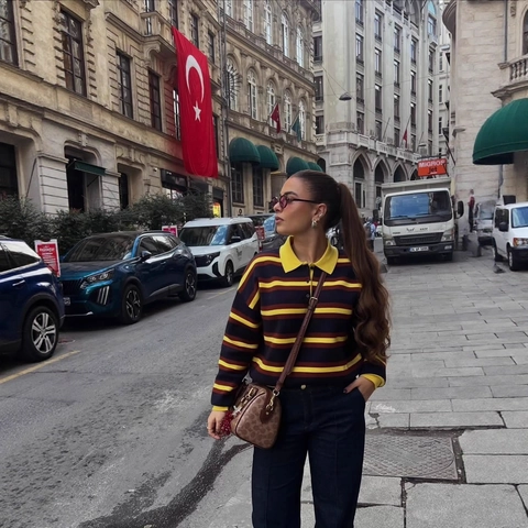 Suéter Polo De Punto A Rayas Para Mujer Manga Larga Botón Frontal Estilo Preppy Retro Informal