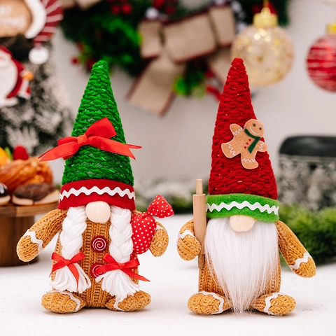 Weihnachten Lebkuchenmann Gnom Ornamente Gestrickte Plüsch Gesichtlose Puppe Feiertag Zuhause Schreibtisch Dekor Rot Grün Hut
