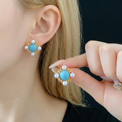 Pendientes Palacio Vintage Con Turquesa Azul Y Perla Artificial Imitación Aleación Acabado Dorado Poste De Plata Retro Mujeres