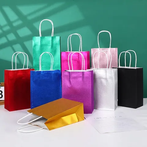 Gift Paper Bags With Handles Colorful Glossy Glitter White Kraft Portable Shopping Packaging For Wedding Party Festival