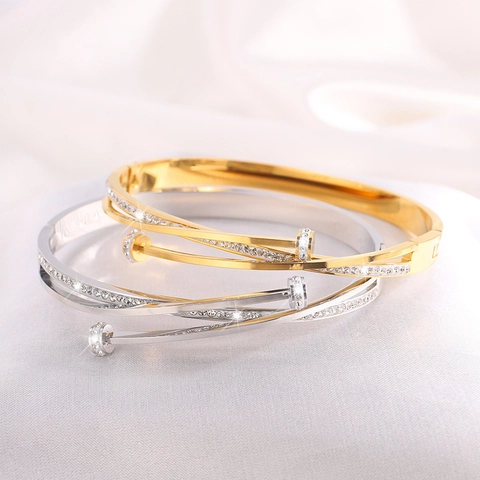 Stainless Steel Nail Mobius Bangle For Women Double Layer Crossed Pave Cubic Zirconia Luxury Trendy Fashion Jewelry