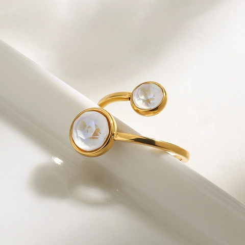Adjustable Open Ring Stainless Steel 18K Gold Plated Staggered White Faux Gemstones Waterproof Hypoallergenic Retro Jewelry Women