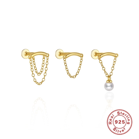 925 Sterling Silver Ear Cartilage Stud Earring With Tassel Double Chain Artificial Pearl Zircon Gold Plated Single Minimalist Trendy