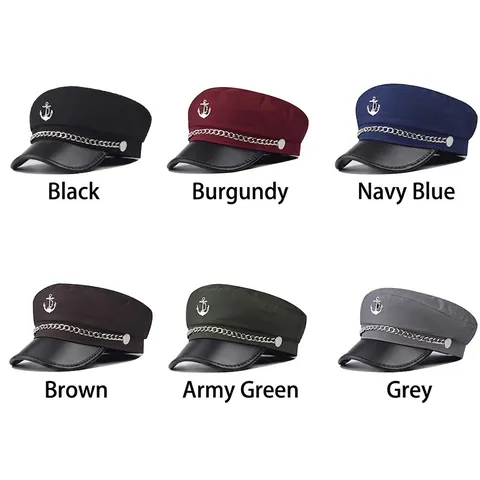 Cappello Da Capitano Marinaio Stile Navale Berretto Piatto Con Ancora In Metallo E Decorazione A Catena Tesa In Pelle PU Moda Britannica