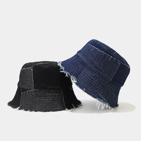 Chapeau Bob En Jean Bord Effiloché Patchwork Irrégulier Coutures Contrastées Vintage Décontracté Protection Solaire Été