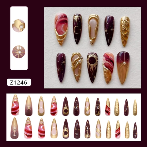 Kunstnagels ABS Paars Goud Astrologie Zon Maan Ster Patroon Marmeren Stiletto Kunstnagels Vrouwen