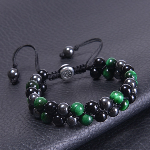 Double Layer Beaded Bracelet Tiger Eye Obsidian Hematite Om Symbol Stone Adjustable Braided Rope Healing Jewelry Men Women