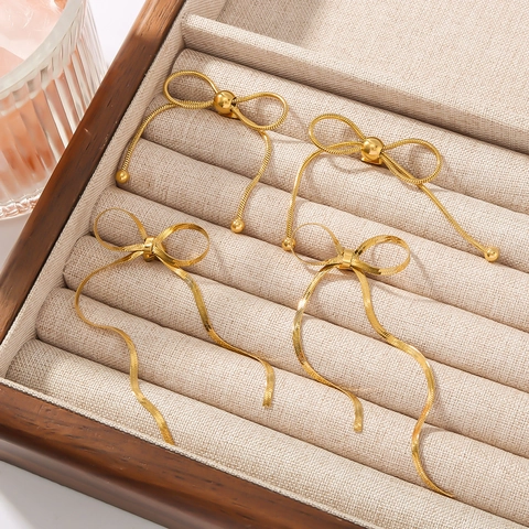 Pendientes Largos Con Lazo Y Borla Cadena De Serpiente Plana Acero Inoxidable Chapado En Oro De 18K Para Mujer